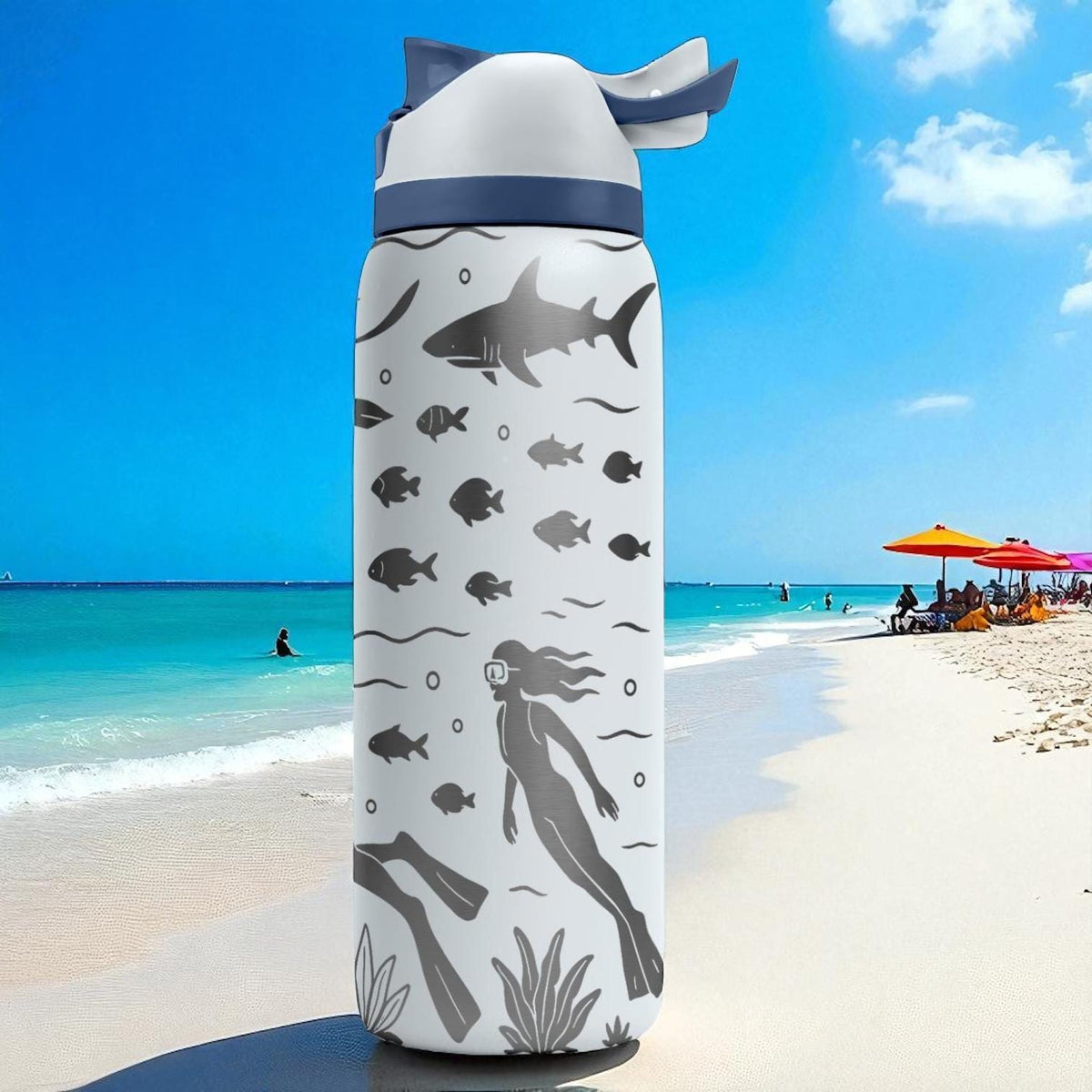 Engraved Scuba Diving Water Bottle – Owala Tumbler with Divers, Sharks, and Turtles – 16oz 24oz 32oz 40oz Gift for Ocean Lovers