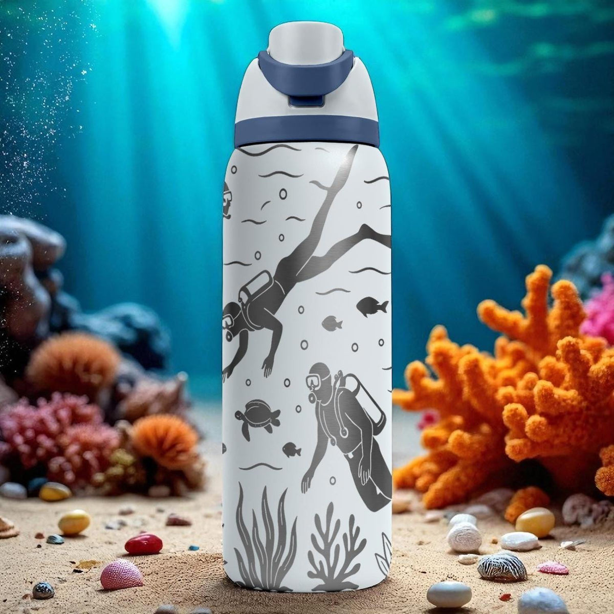 Engraved Scuba Diving Water Bottle – Owala Tumbler with Divers, Sharks, and Turtles – 16oz 24oz 32oz 40oz Gift for Ocean Lovers