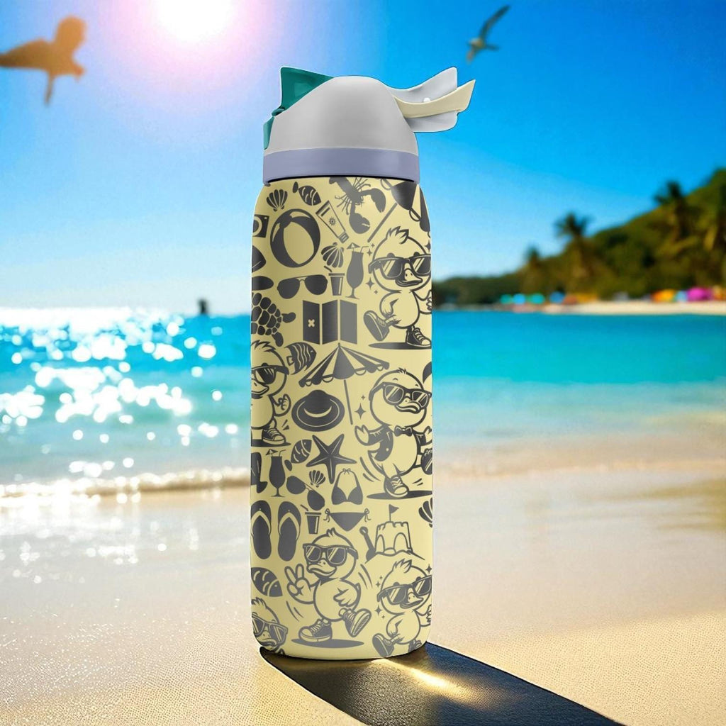 Engraved Duck Beach Tumbler – Summer Vibes Owala Bottle with Cute Duck Design – Fun Sand Color Cup – 16oz 24oz 32oz 40oz