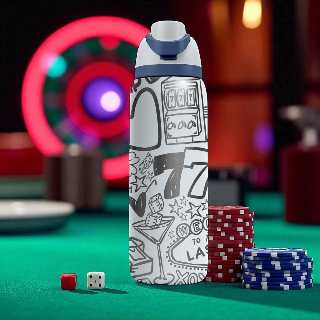 Engraved Vegas Tumbler – Owala Water Bottle with Casino Design – Dice and Slot Machine Art – 16oz 24oz 32oz 40oz