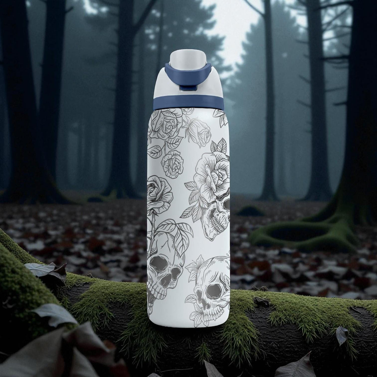 Floral Skull Engraved Owala Bottle – Gothic Rose & Skull Art – Dark Aesthetic Stainless Cup 16oz 24oz 32oz 40oz  ⸻