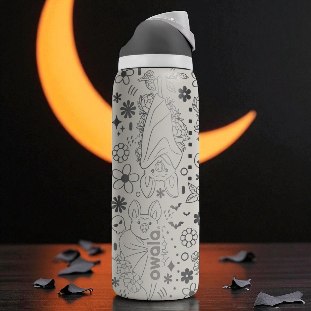 Engraved Bat Owala Bottle – Cute Moon and Floral Bat Design Tumbler – 16oz 24oz 32oz 40oz Water Bottle Gift