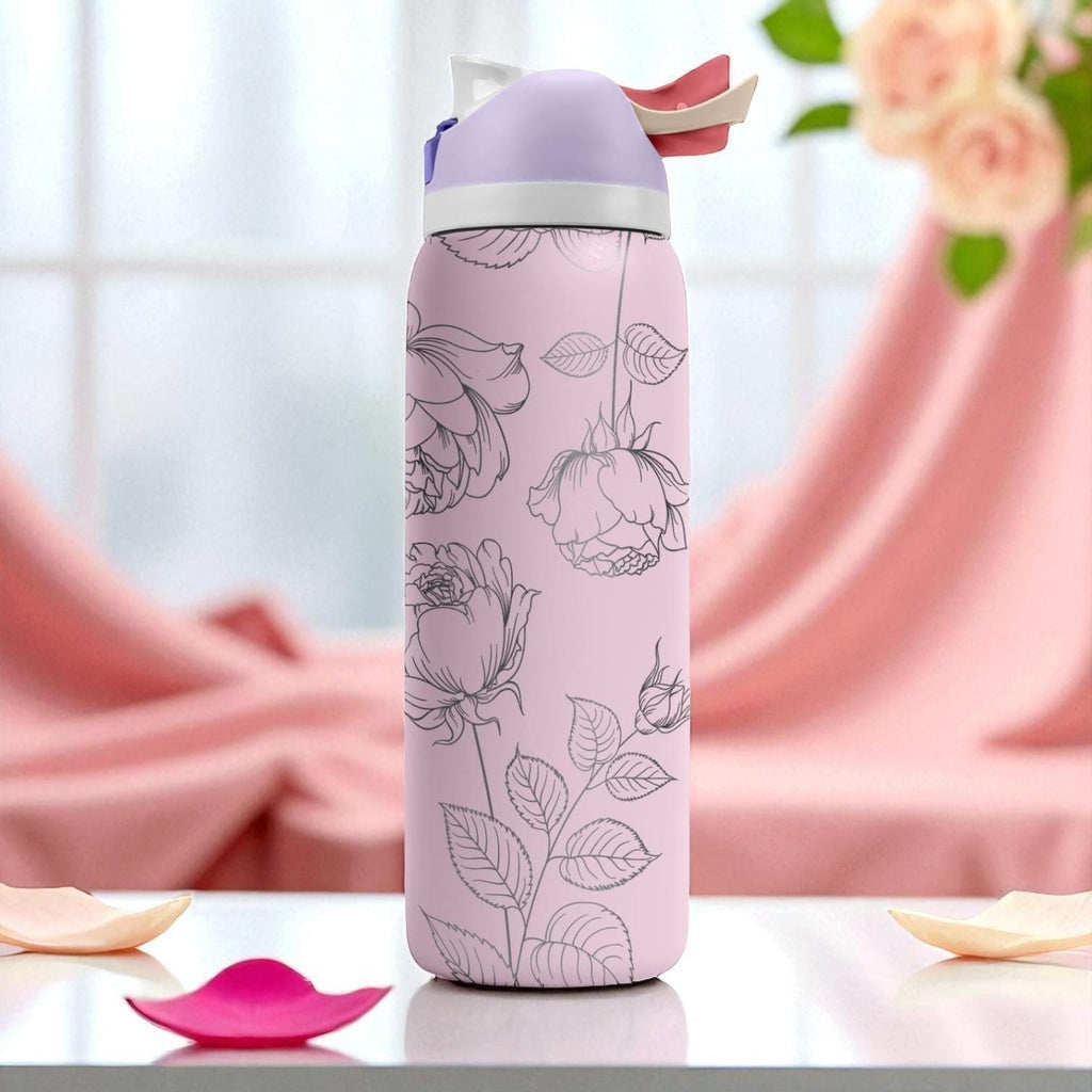 Elegant Rose Engraved Owala Tumbler – 16oz 24oz 32oz 40oz Floral Water Bottle – Romantic Gift for Her or Garden Lovers
