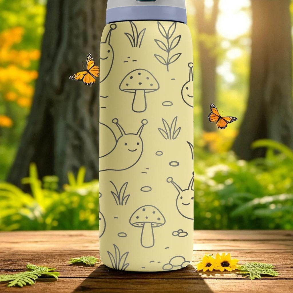 Engraved Snail Owala Bottle – Cute Nature Forest Tumbler with Mushrooms and Plants – 16oz 24oz 32oz 40oz