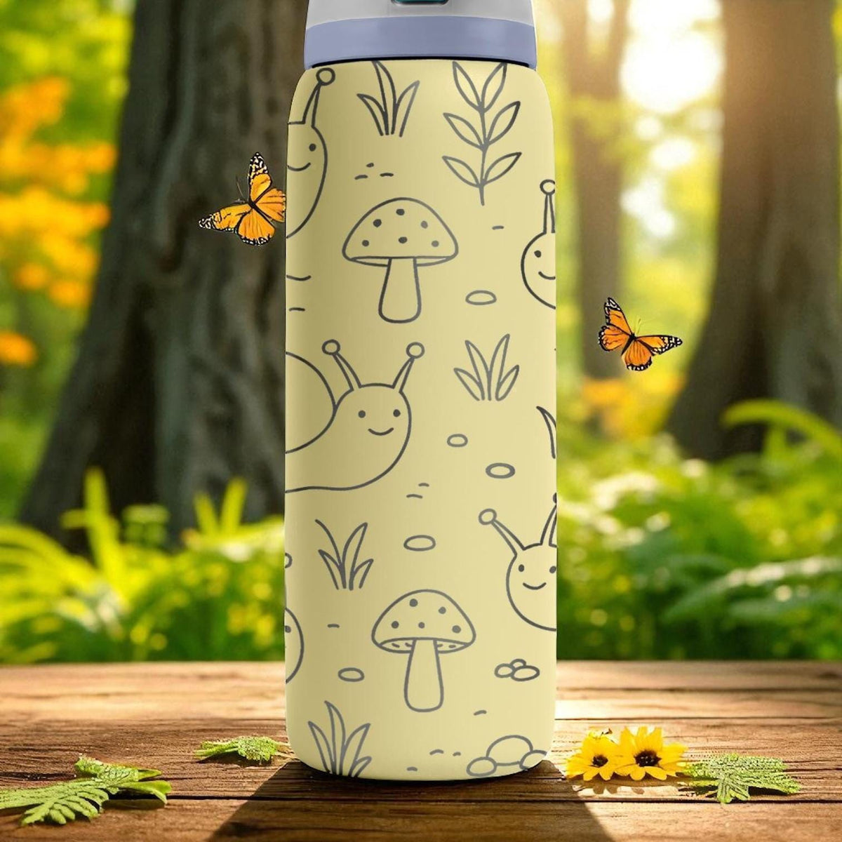 Engraved Snail Owala Bottle – Cute Nature Forest Tumbler with Mushrooms and Plants – 16oz 24oz 32oz 40oz