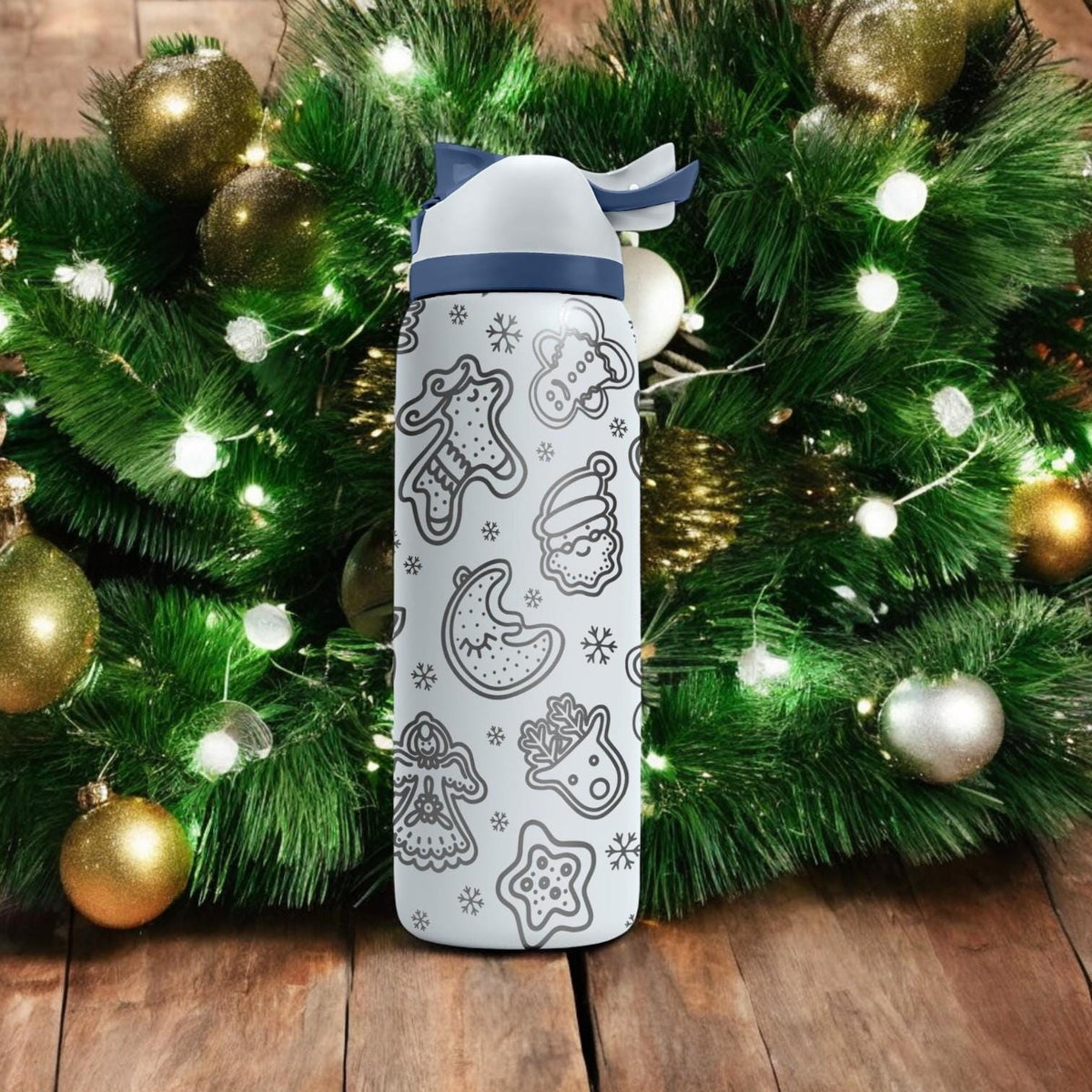 Gingerbread Engraved Owala Bottle – Cute Christmas Cookie Pattern – Holiday Gift Stainless Cup 16oz 24oz 32oz 40oz