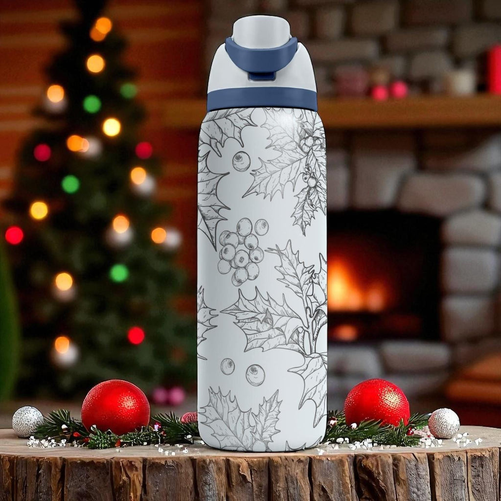 Holly Leaves Engraved Owala Tumbler – Christmas Winter Gift 40oz 32oz 24oz – Holiday Berries Laser Etched Cup
