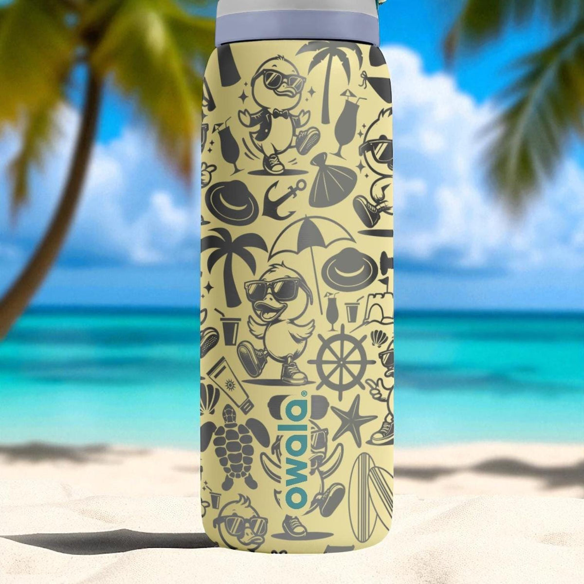Engraved Duck Beach Tumbler – Summer Vibes Owala Bottle with Cute Duck Design – Fun Sand Color Cup – 16oz 24oz 32oz 40oz