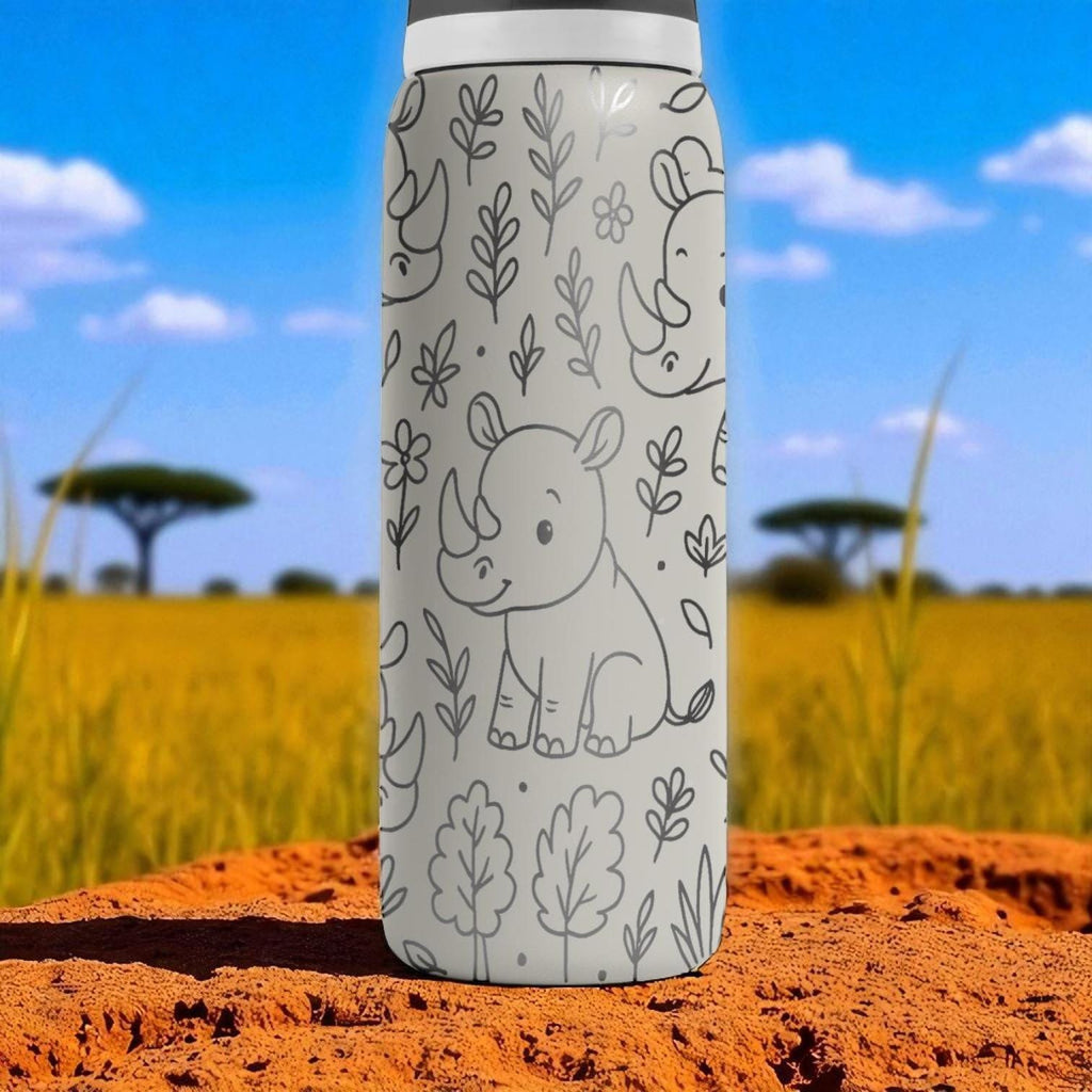 Cute Rhino Owala Bottle – 16oz 24oz 32oz 40oz Engraved Safari Cup – Jungle Animal Gift – Wildlife Tumbler for Kids Boys Girls