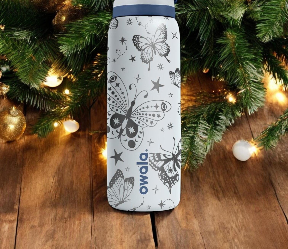 Butterflies Engraved Owala Bottle – Elegant Floral and Star Pattern – Magical Holiday Gift Stainless Cup 16oz 24oz 32oz 40oz