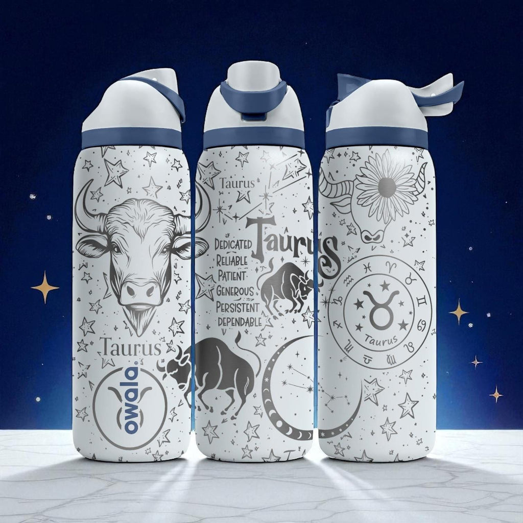 Taurus Zodiac Engraved Owala Bottle – 16oz 24oz 32oz 40oz Astrology Gift – Personalized Taurus Water Bottle for Her or Him