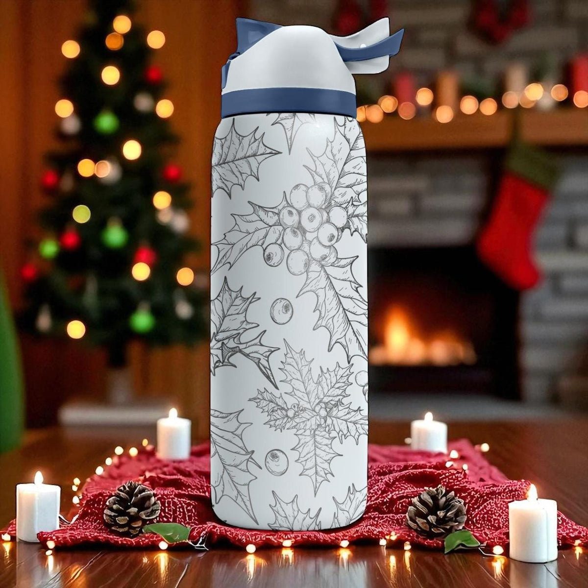 Holly Leaves Engraved Owala Tumbler – Christmas Winter Gift 40oz 32oz 24oz – Holiday Berries Laser Etched Cup