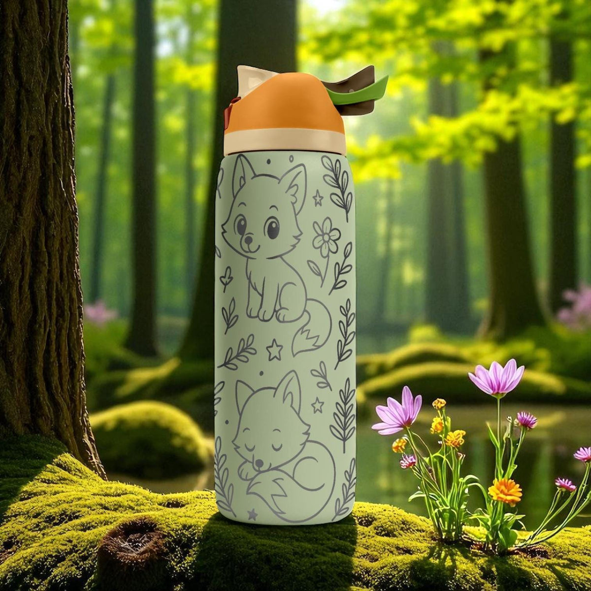 Fox Forest Owala Bottle – 16oz 24oz 32oz 40oz Engraved Cute Animal Cup – Woodland Themed Gift – Kids Wildlife Adventure Drinkware