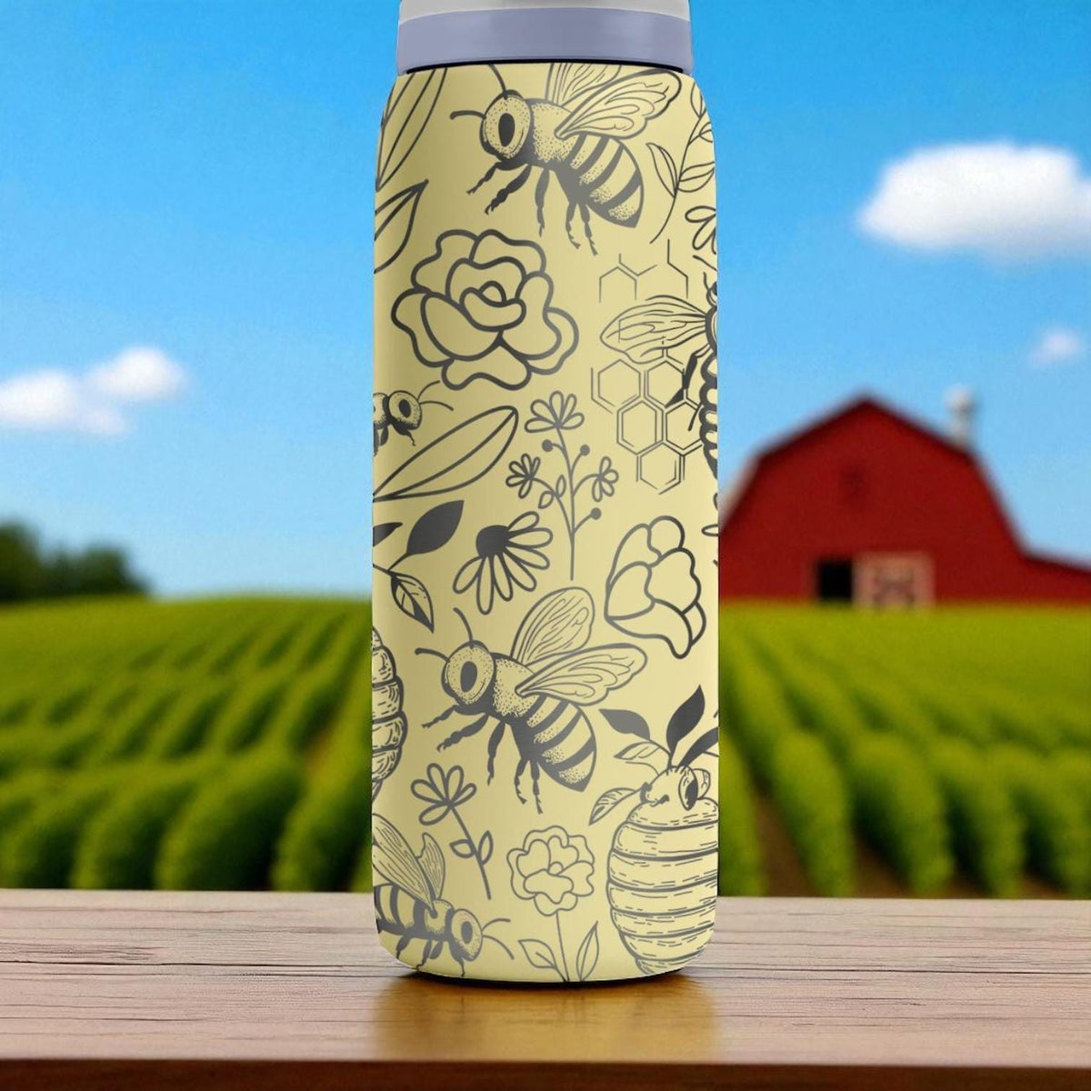 Bee and Flower Owala Bottle – Engraved Yellow Nature-Inspired Water Bottle – Honeycomb Floral Design 16oz 24oz 32oz 40oz