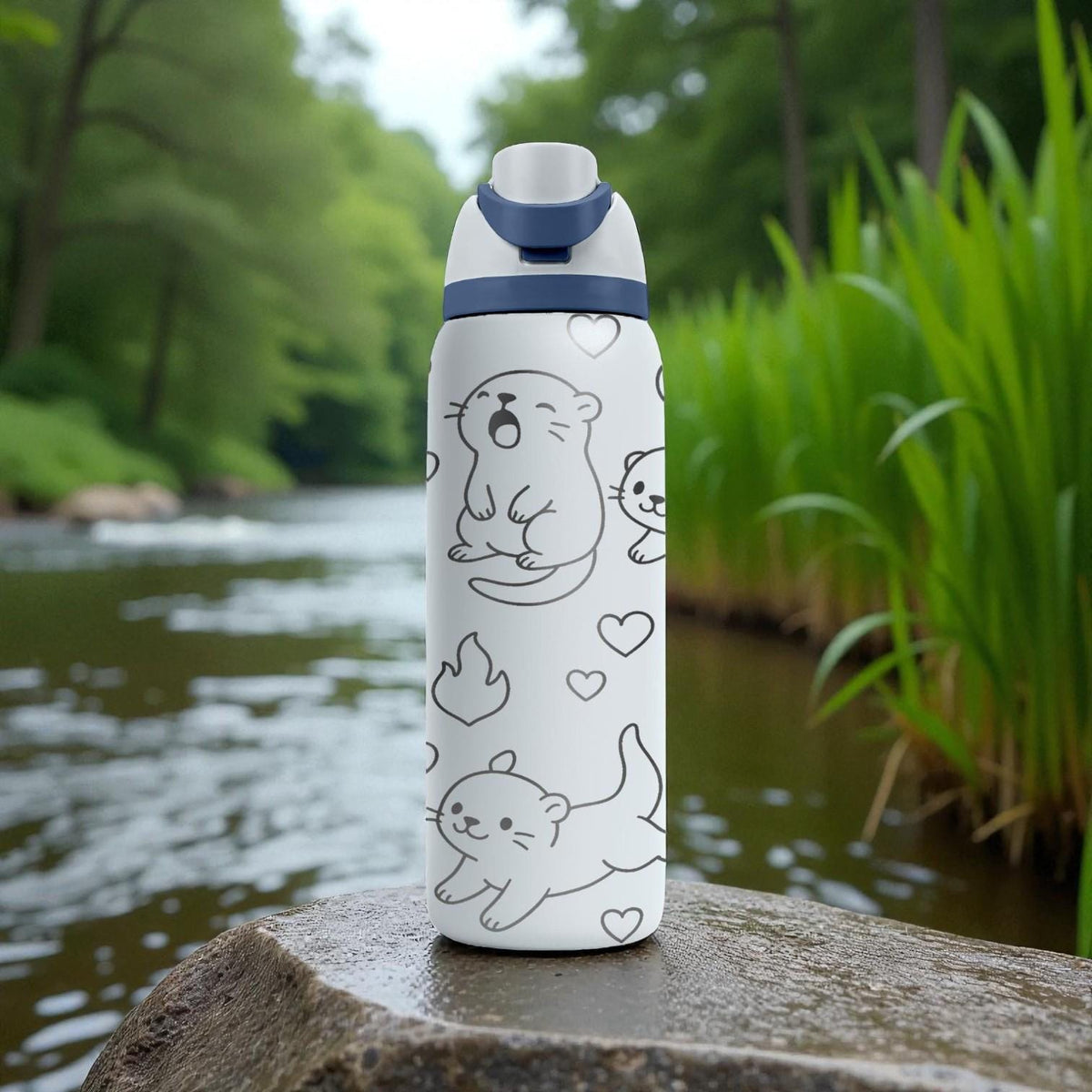 Engraved Cute Otters Owala Bottle – Playful Kawaii Otter Design with Hearts – Stainless Steel Cup 16oz 24oz 32oz 40oz  ⸻
