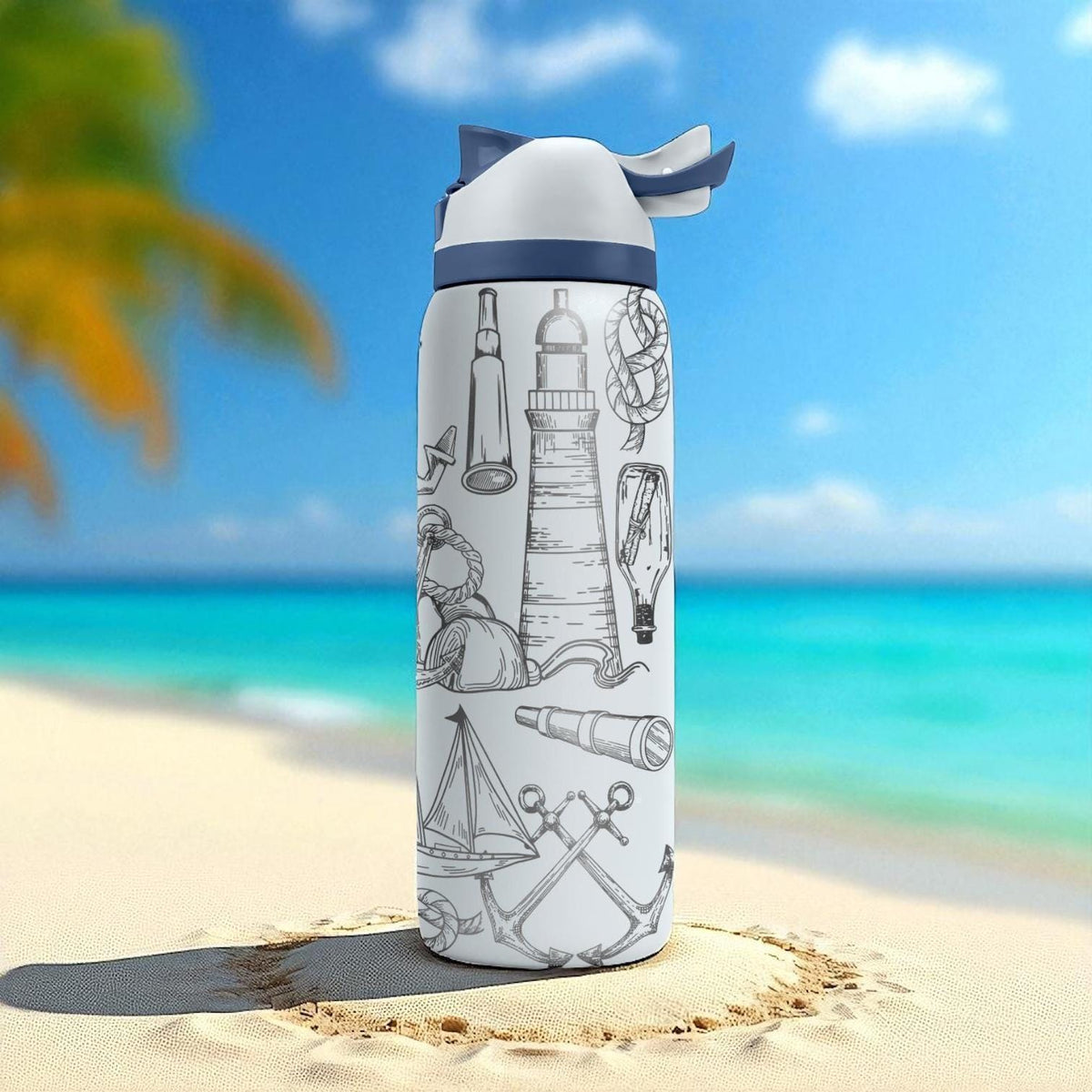 Nautical Owala Bottle – 16oz 24oz 32oz 40oz Engraved Maritime Water Bottle – Anchor and Sailor Theme – Ocean Lover Gift Cup
