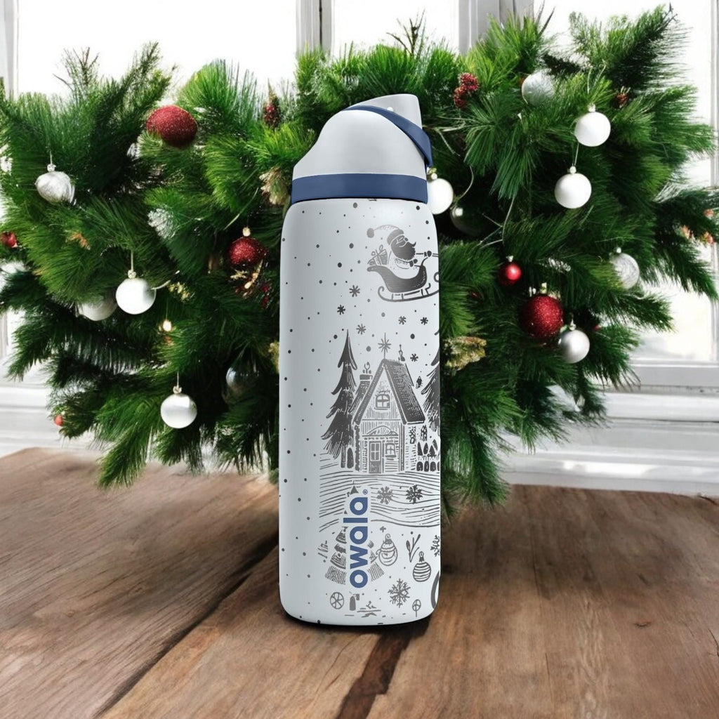 Christmas Bow Engraved Owala Bottle – Elegant Ribbon and Snowflake Holiday Design – Stylish Winter Gift Stainless Cup 16oz 24oz 32oz 40oz