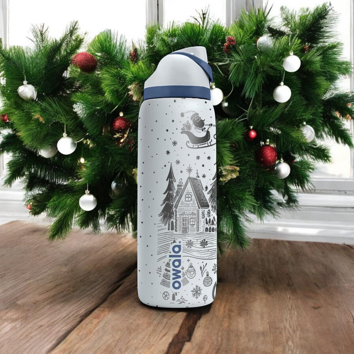 Christmas Bow Engraved Owala Bottle – Elegant Ribbon and Snowflake Holiday Design – Stylish Winter Gift Stainless Cup 16oz 24oz 32oz 40oz