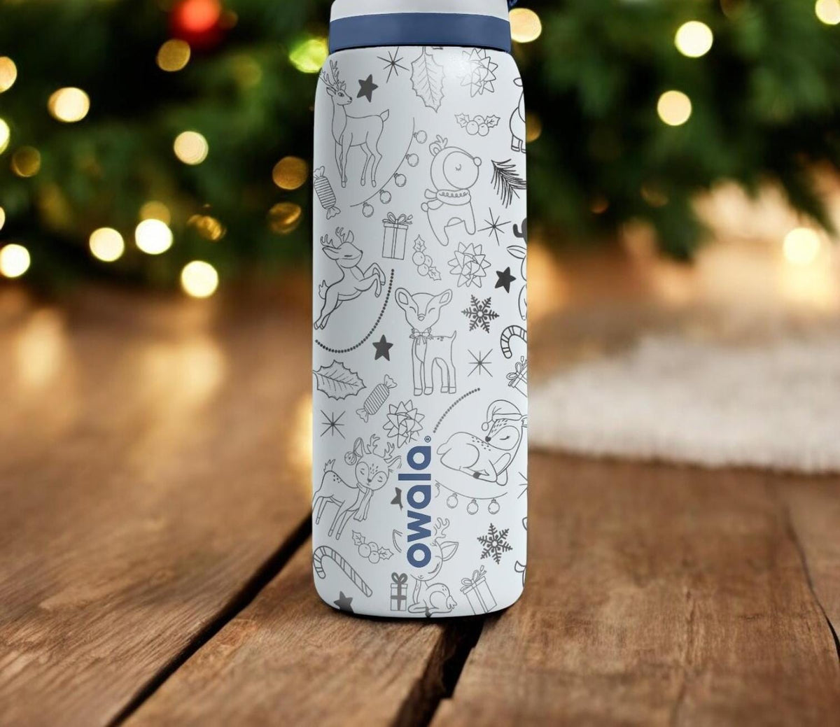 Cute Reindeer Engraved Owala Bottle – Adorable Holiday Pattern with Candy Canes and Gifts – Christmas Gift Stainless Cup 16oz 24oz 32oz 40oz