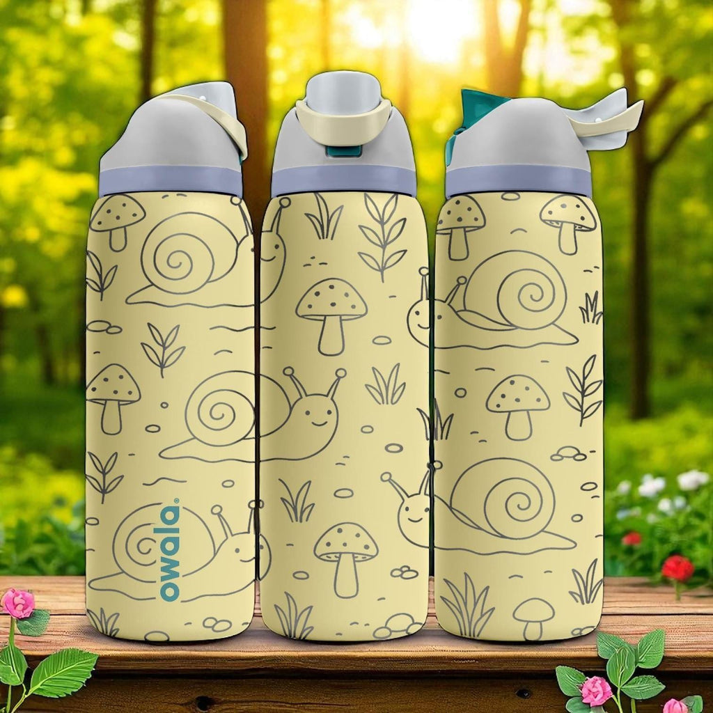 Engraved Snail Owala Bottle – Cute Nature Forest Tumbler with Mushrooms and Plants – 16oz 24oz 32oz 40oz