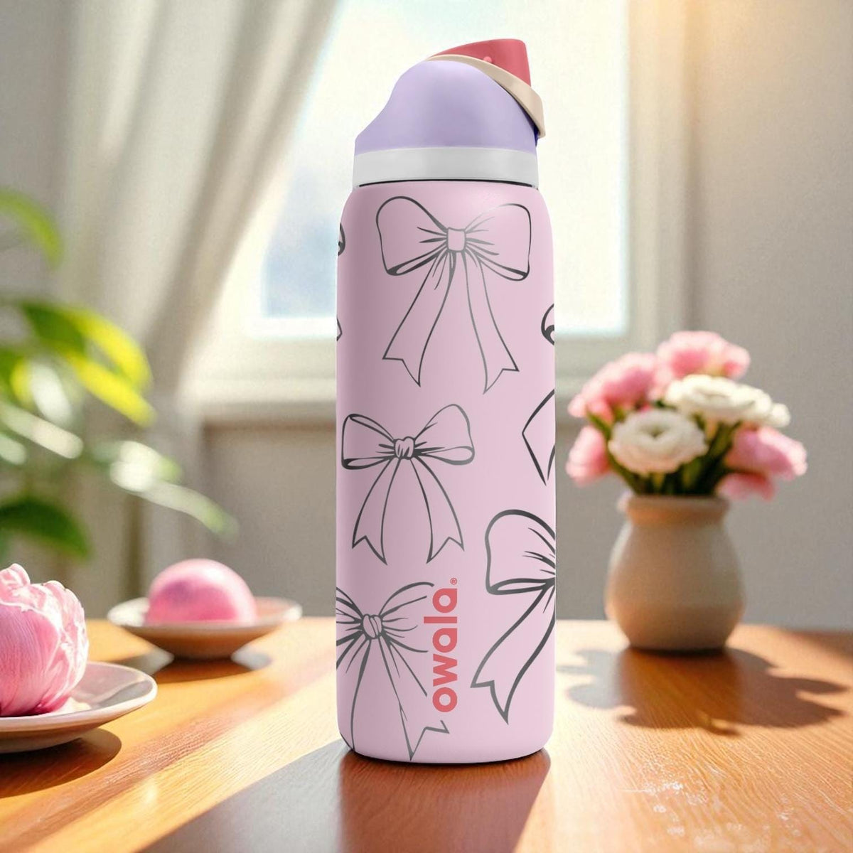 Pink Bow Engraved Owala Tumbler – 16oz 24oz 32oz 40oz Coquette FreeSip Cup – Bows & Ribbons Aesthetic Gift