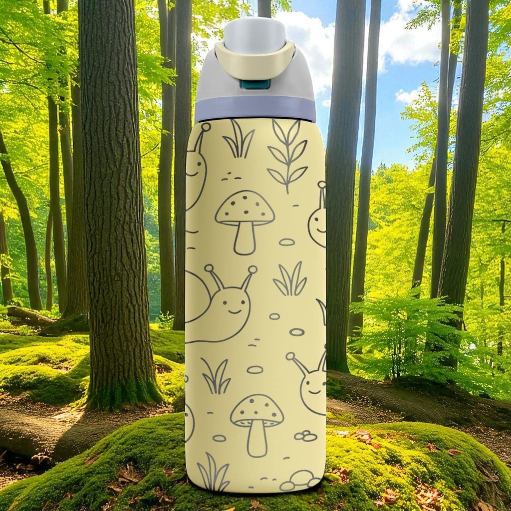 Engraved Snail Owala Bottle – Cute Nature Forest Tumbler with Mushrooms and Plants – 16oz 24oz 32oz 40oz