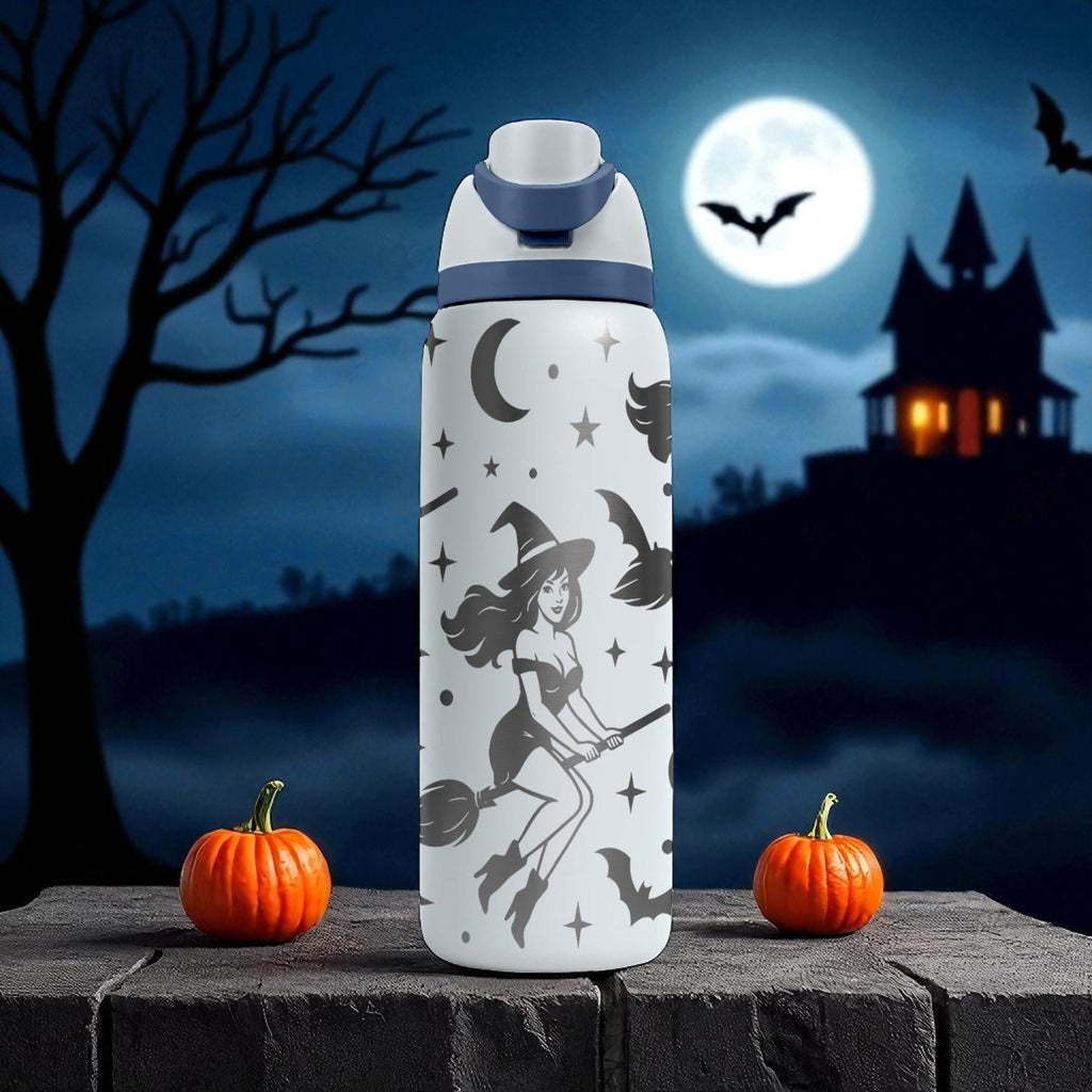Halloween Witch Owala Bottle – Engraved Flying Witch and Bats Wrap – Stainless Steel Cup 16oz 24oz 32oz 40oz