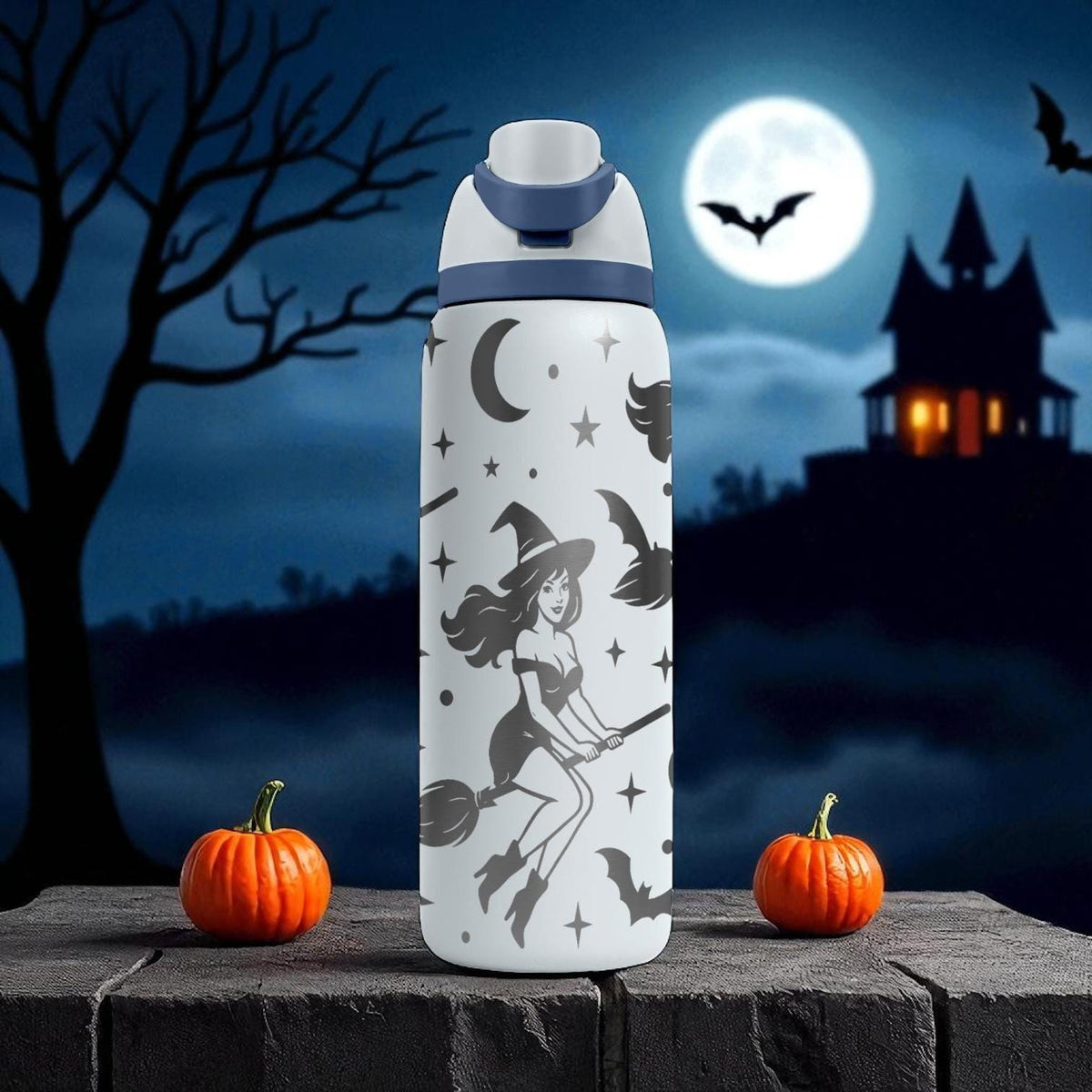 Halloween Witch Owala Bottle – Engraved Flying Witch and Bats Wrap – Stainless Steel Cup 16oz 24oz 32oz 40oz