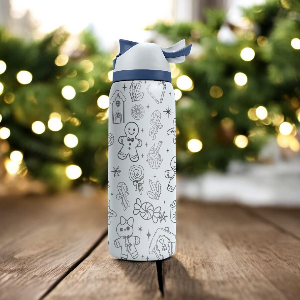 Gingerbread Man Engraved Owala Bottle – Holiday Cookie and Candy Pattern – Christmas Gift Stainless Cup 16oz 24oz 32oz 40oz