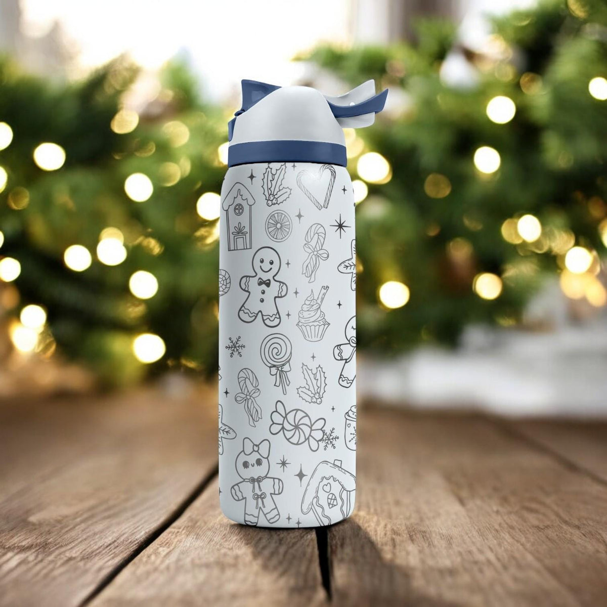 Gingerbread Man Engraved Owala Bottle – Holiday Cookie and Candy Pattern – Christmas Gift Stainless Cup 16oz 24oz 32oz 40oz