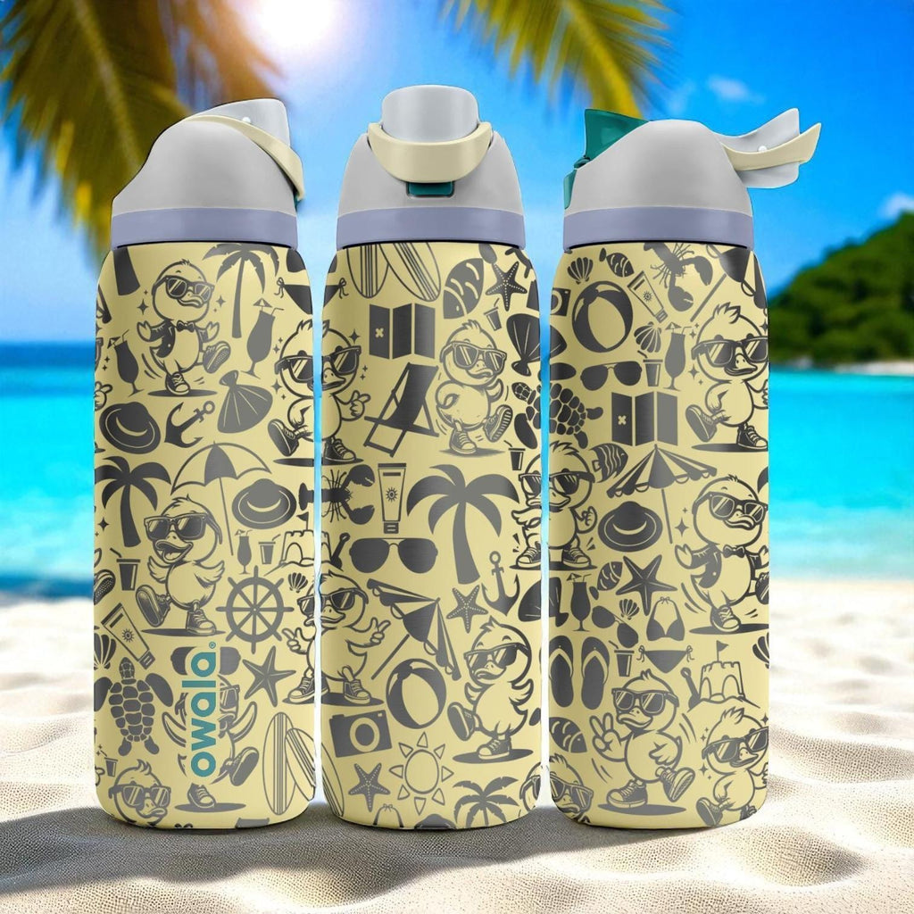 Engraved Duck Beach Tumbler – Summer Vibes Owala Bottle with Cute Duck Design – Fun Sand Color Cup – 16oz 24oz 32oz 40oz
