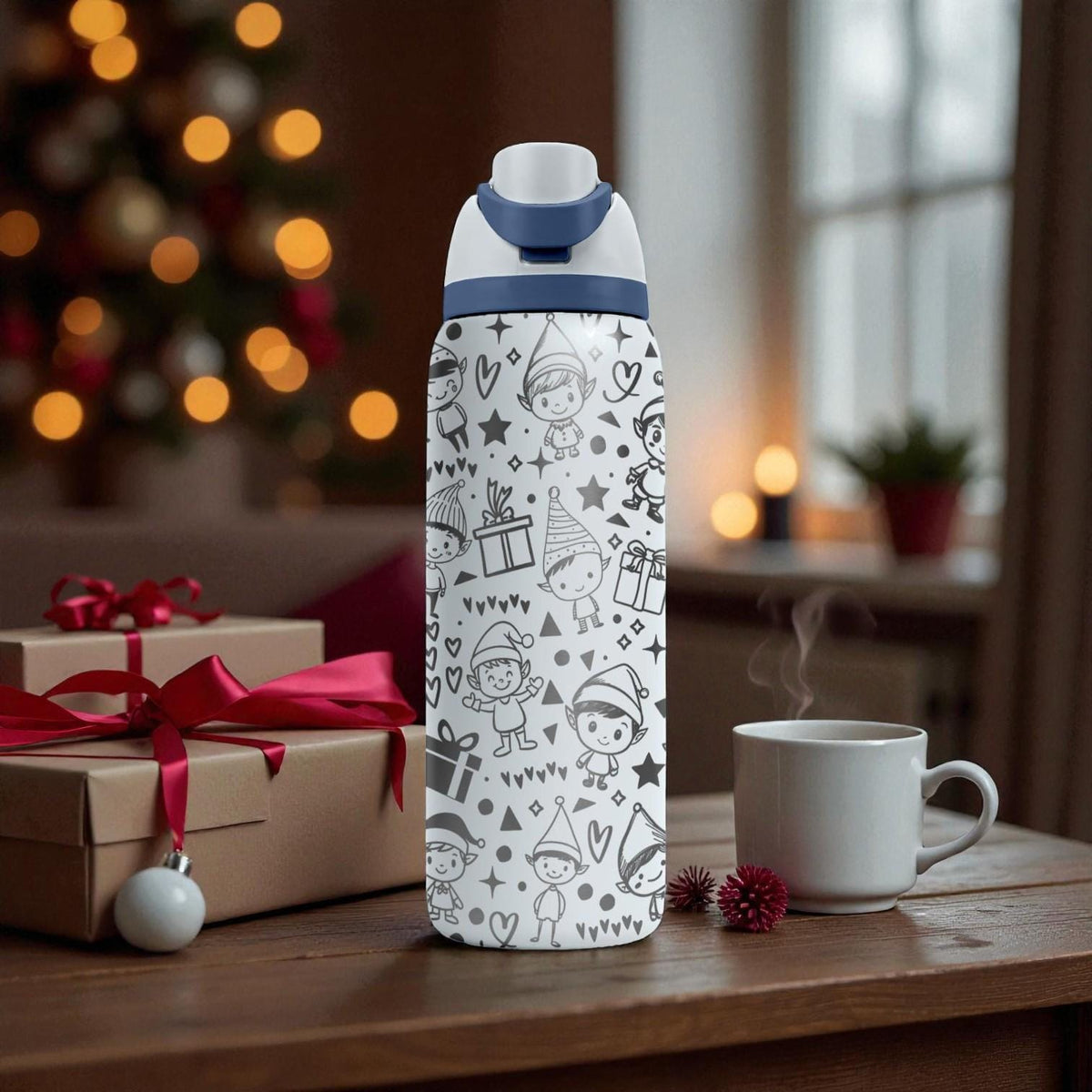 Christmas Elves Engraved Owala Bottle – Cute Holiday Helpers & Gifts Pattern – Festive Stainless Cup 16oz 24oz 32oz 40oz  ⸻