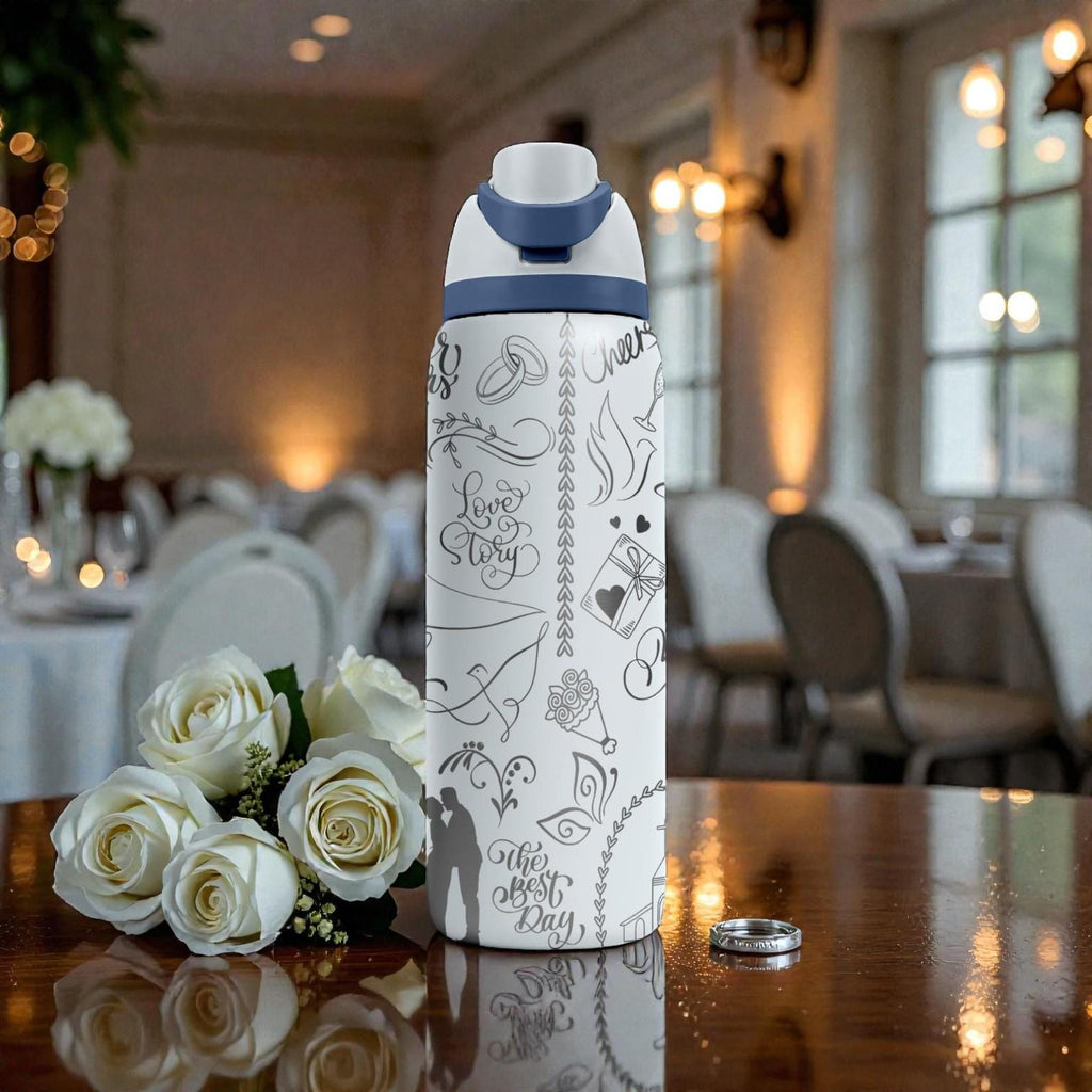 Wedding Engraved Owala Bottle – Bride and Groom Gift – Romantic Wedding Icons and Love Doodles – Stainless Steel Cup 16oz 24oz 32oz 40oz  ⸻