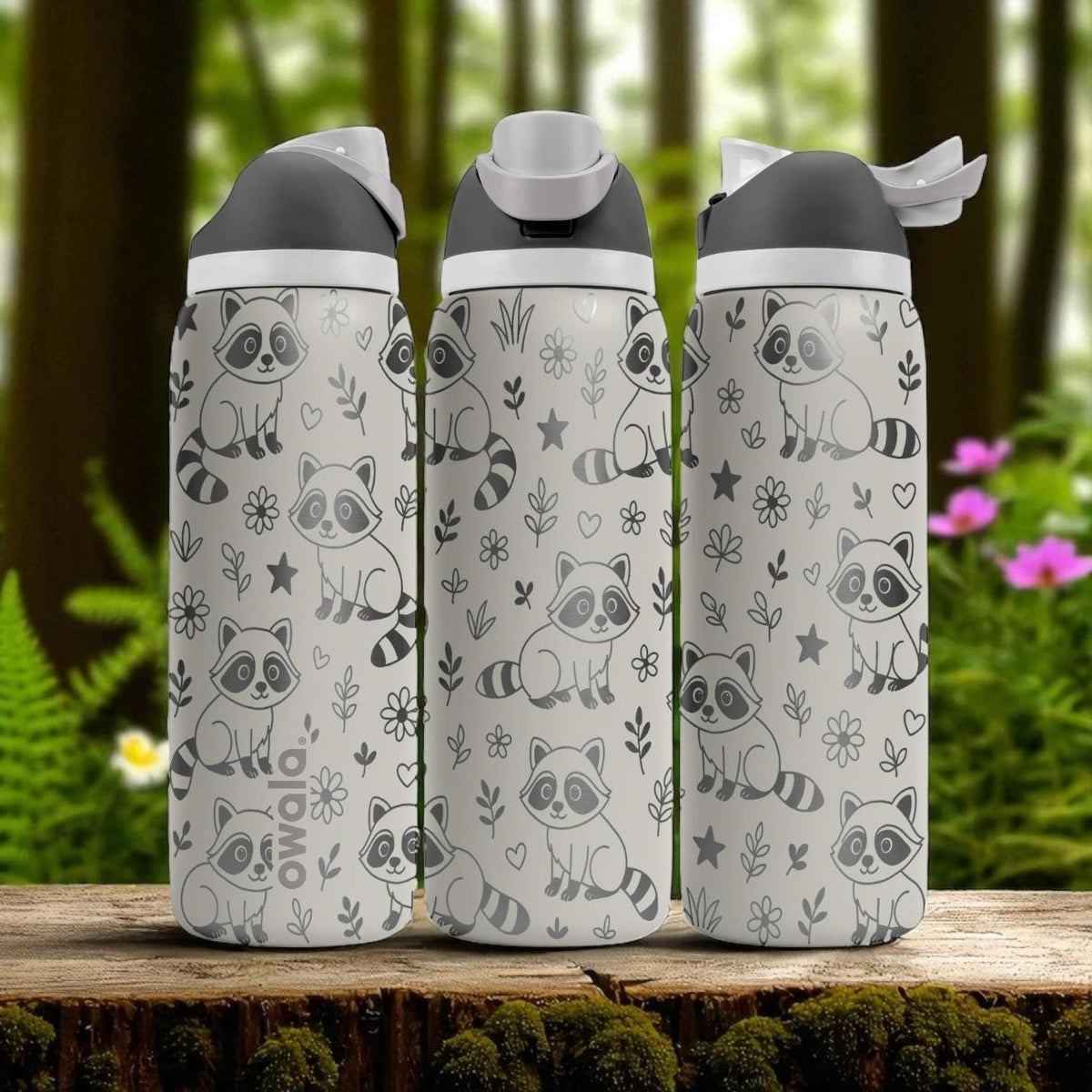 Engraved Raccoon Water Bottle – Owala Tumbler with Cute Forest Raccoons and Flowers – 16oz 24oz 32oz 40oz Animal Lover Gift