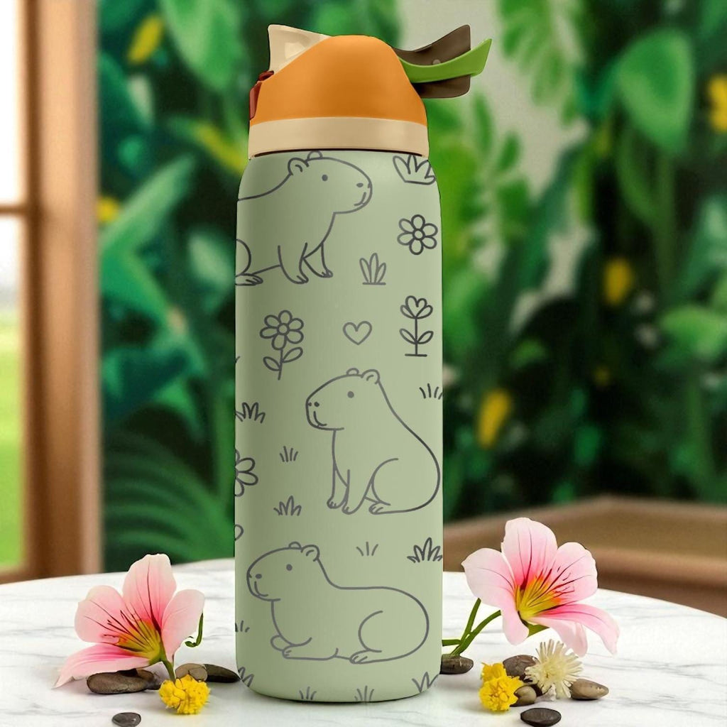 Engraved Capybara Water Bottle – Cute Owala Tumbler with Flowers and Ducks – 16oz 24oz 32oz 40oz Gift for Animal Lovers