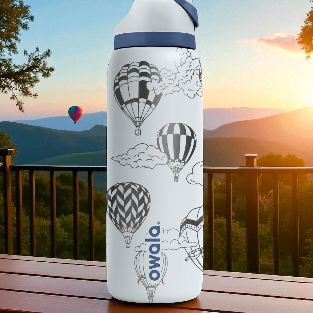 Hot Air Balloon Engraved Owala Tumbler – 16oz 24oz 32oz 40oz FreeSip Cup with Sky and Clouds – Adventure Gift for Her or Him