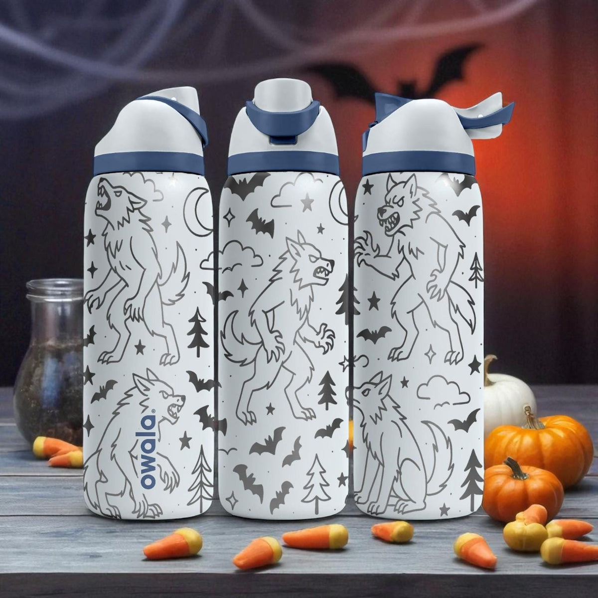 Werewolf Engraved Owala Bottle – Full Moon Forest Design – Halloween Edition Stainless Steel Cup 16oz 24oz 32oz 40oz
