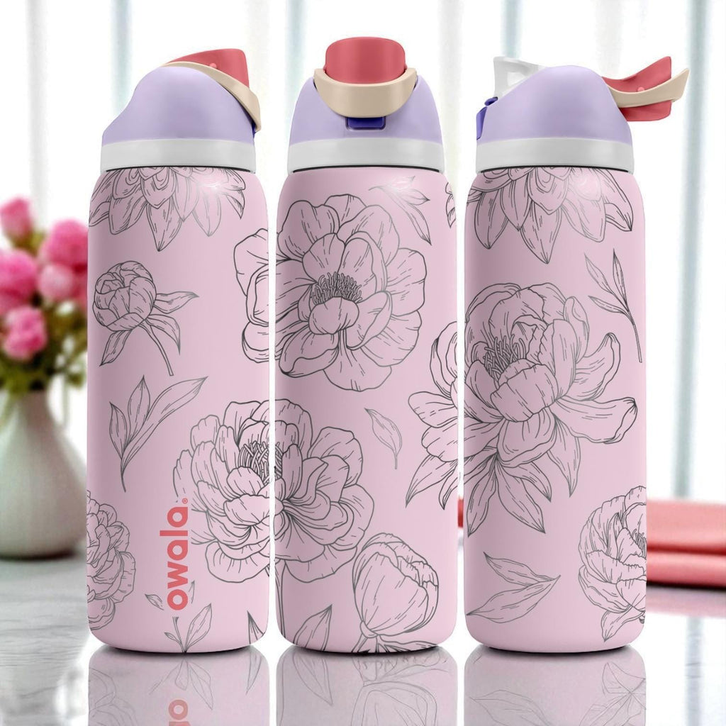 Pink Peony Engraved Owala Tumbler – 16oz 24oz 32oz 40oz Floral Water Bottle – Elegant Gift for Her or Garden Lovers
