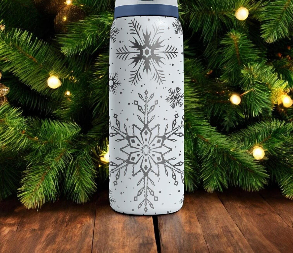 Snowflake Engraved Owala Bottle – Elegant Winter Pattern – Christmas Gift Stainless Cup 16oz 24oz 32oz 40oz