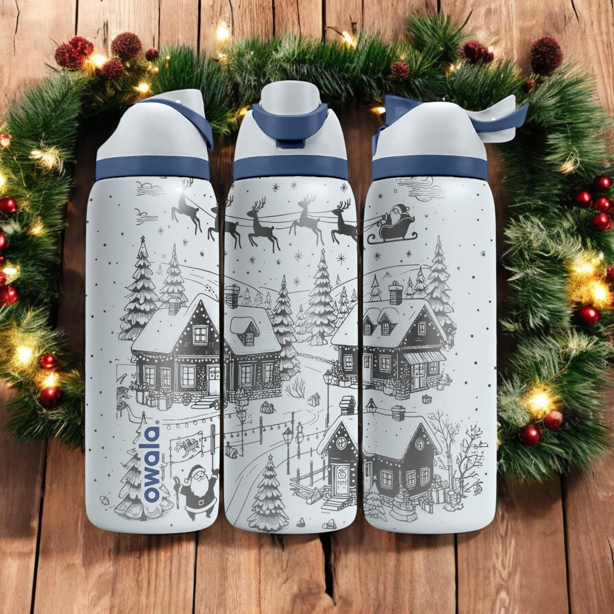 Christmas Village Engraved Owala Bottle – Santa Sleigh and Cabin Winter Design – Holiday Gift Stainless Cup 16oz 24oz 32oz 40oz