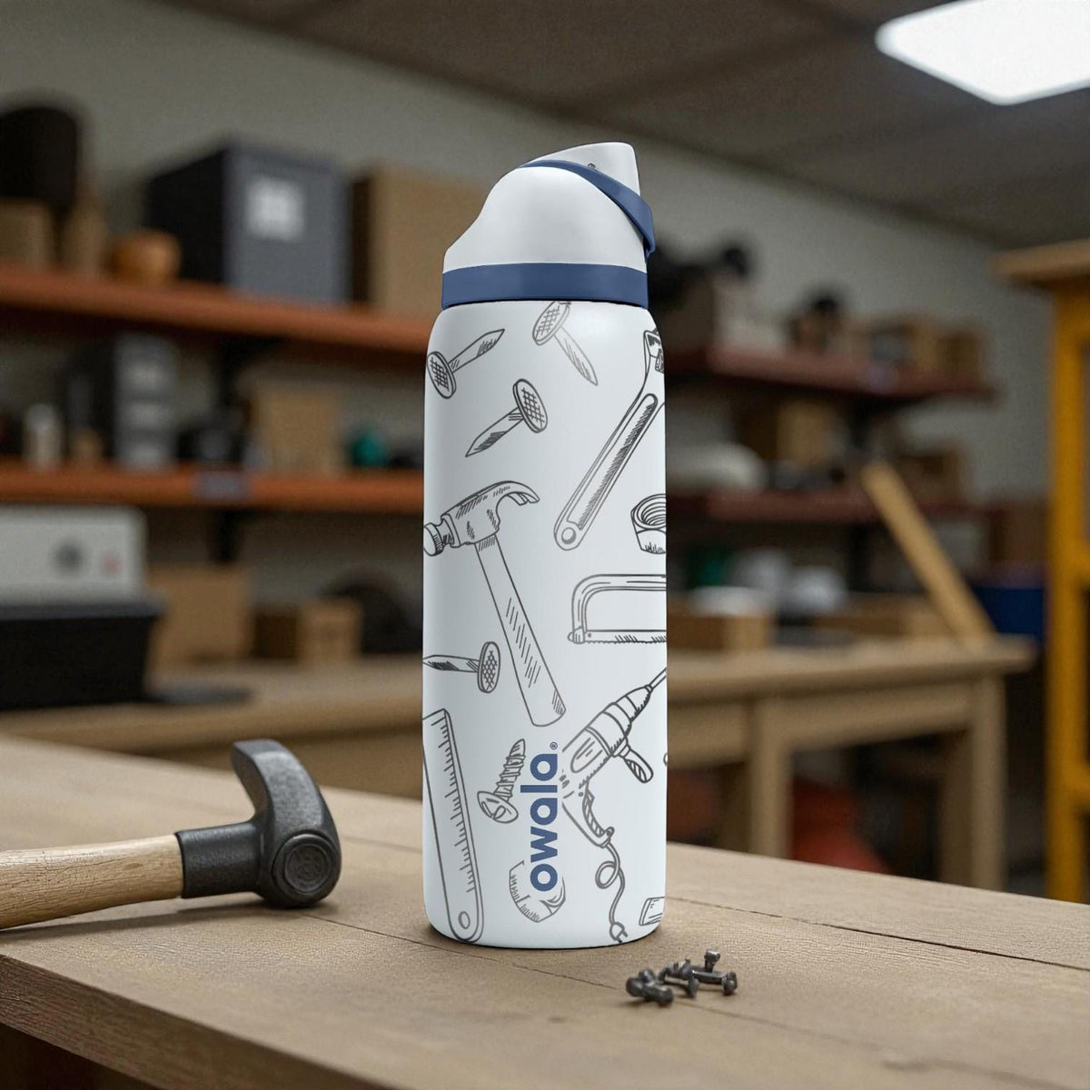 Handyman Tools Engraved Owala Bottle – Saw, Hammer, Drill, Screws & Hardware Pattern – Construction Gift Stainless Cup 16oz 24oz 32oz 40oz