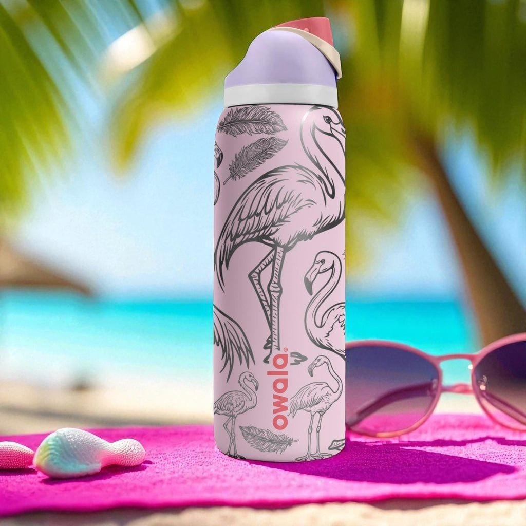 Flamingo Engraved Owala Tumbler – 16oz 24oz 32oz 40oz Tropical FreeSip Cup with Feathers – Summer Gift for Her