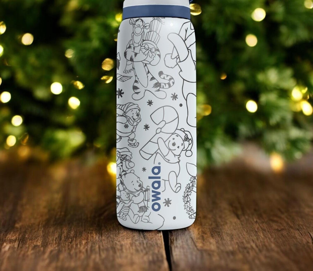 Christmas Engraved Owala Bottle – Cozy Winnie and Friends Winter Design – Cute Holiday Gift Stainless Cup 16oz 24oz 32oz 40oz