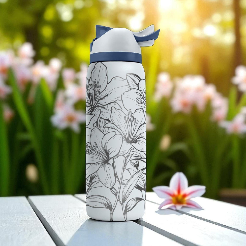 Engraved Lily Tumbler – Elegant Floral Owala Bottle – White Water Bottle with Laser Flower Design – 16oz 24oz 32oz 40oz