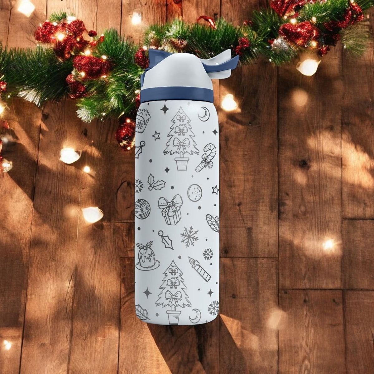 Christmas Tree Engraved Owala Bottle – Cozy Holiday Pattern with Gifts and Snowflakes – Winter Gift Stainless Cup 16oz 24oz 32oz 40oz