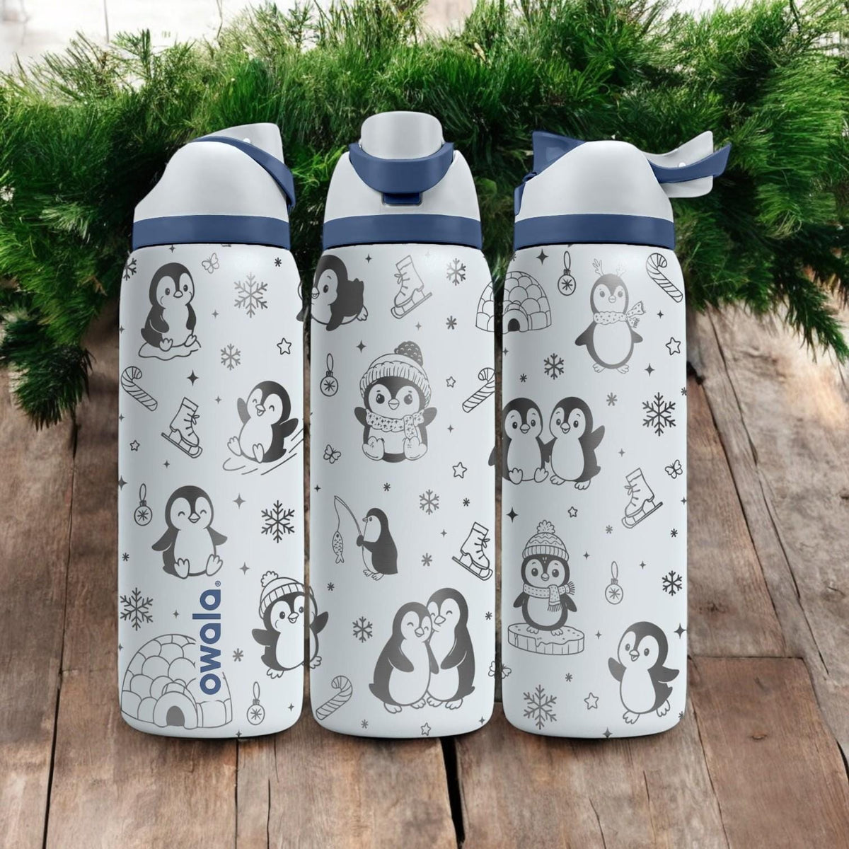 Cute Penguins Engraved Owala Bottle – Winter Wonderland Ice Skating Design – Christmas Gift Stainless Cup 16oz 24oz 32oz 40oz