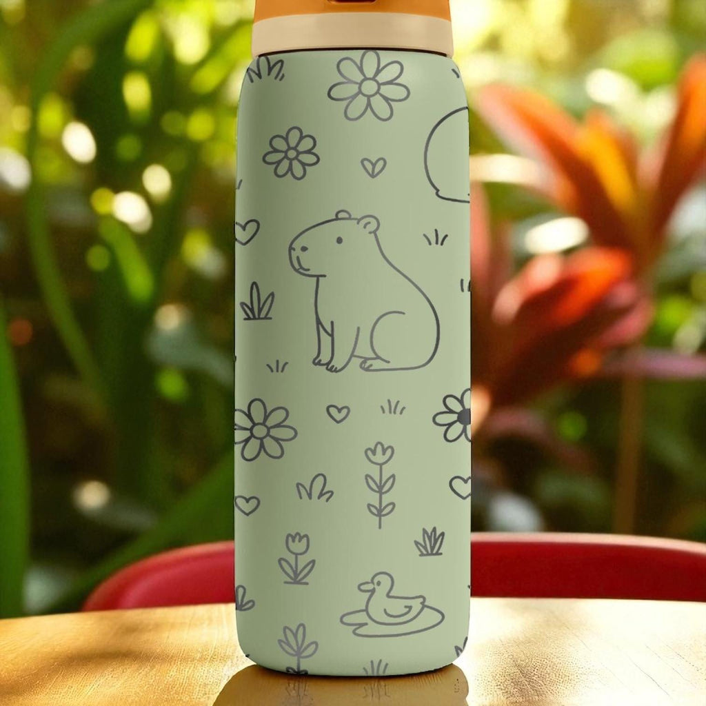 Engraved Capybara Water Bottle – Cute Owala Tumbler with Flowers and Ducks – 16oz 24oz 32oz 40oz Gift for Animal Lovers
