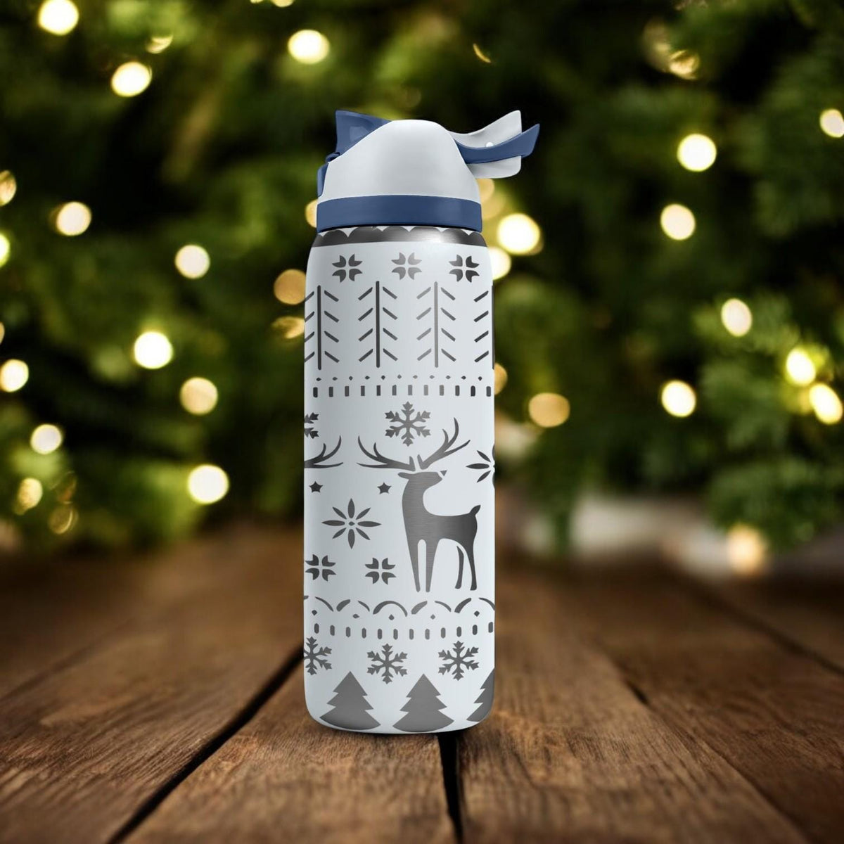 Nordic Reindeer Engraved Owala Bottle – Cozy Scandinavian Sweater Pattern – Christmas Gift Stainless Cup 16oz 24oz 32oz 40oz