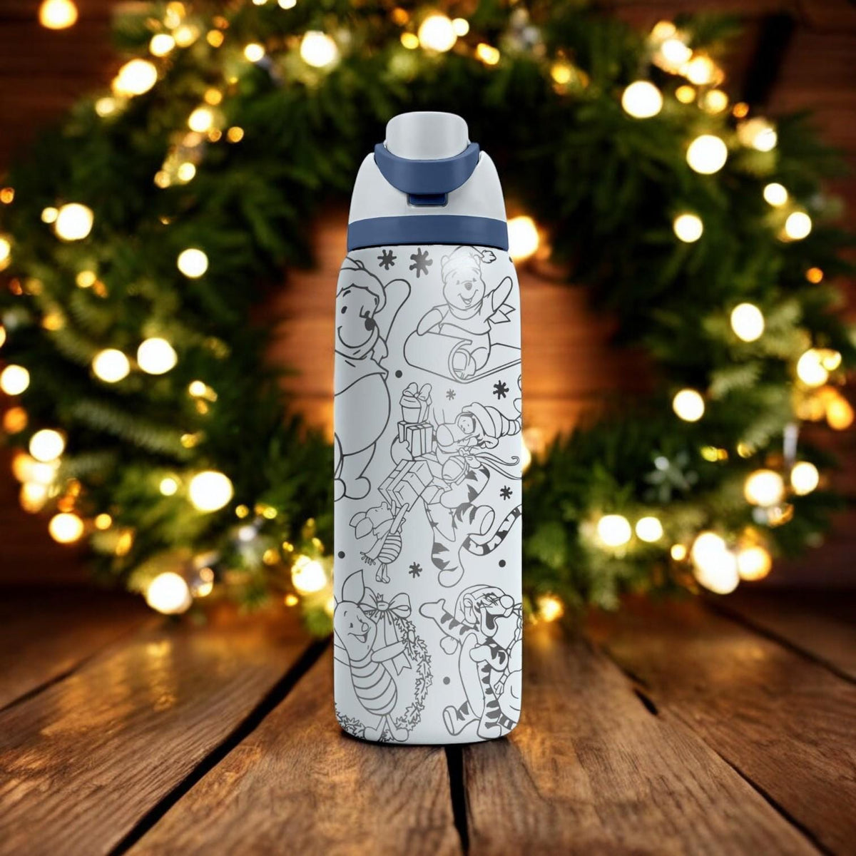 Christmas Engraved Owala Bottle – Cozy Winnie and Friends Winter Design – Cute Holiday Gift Stainless Cup 16oz 24oz 32oz 40oz