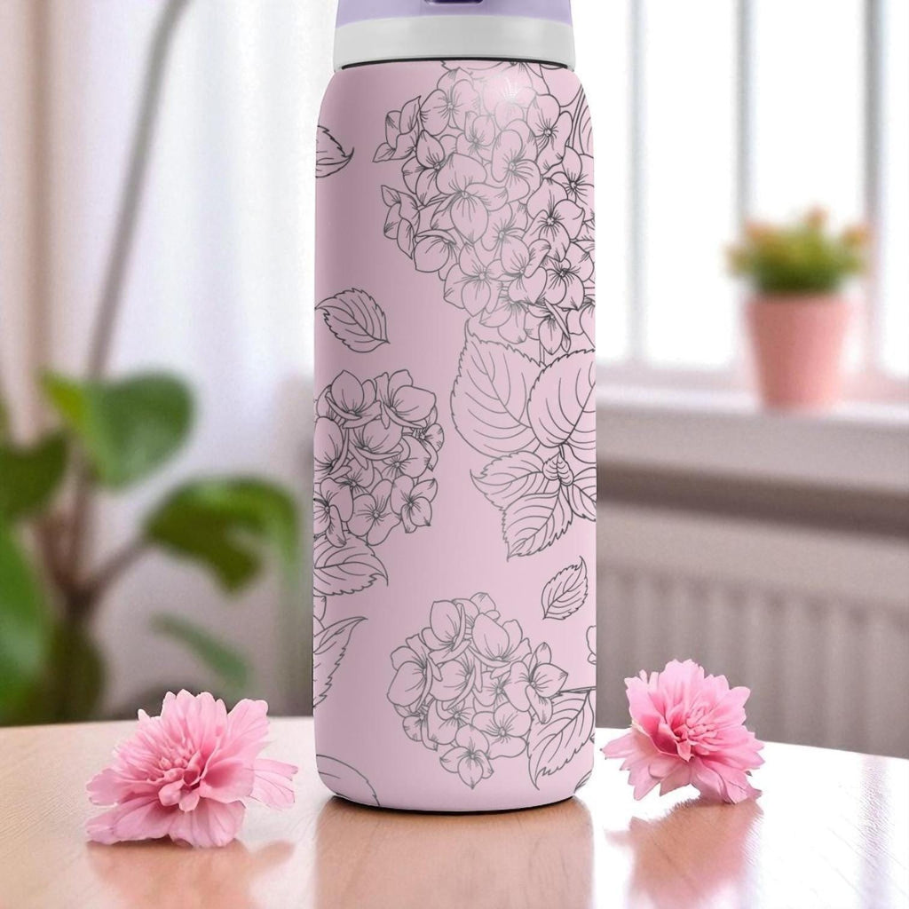 Engraved Hydrangea Tumbler – Pink Floral Owala Bottle – Laser Etched Water Cup – Elegant Gift – 16oz 24oz 32oz 40oz